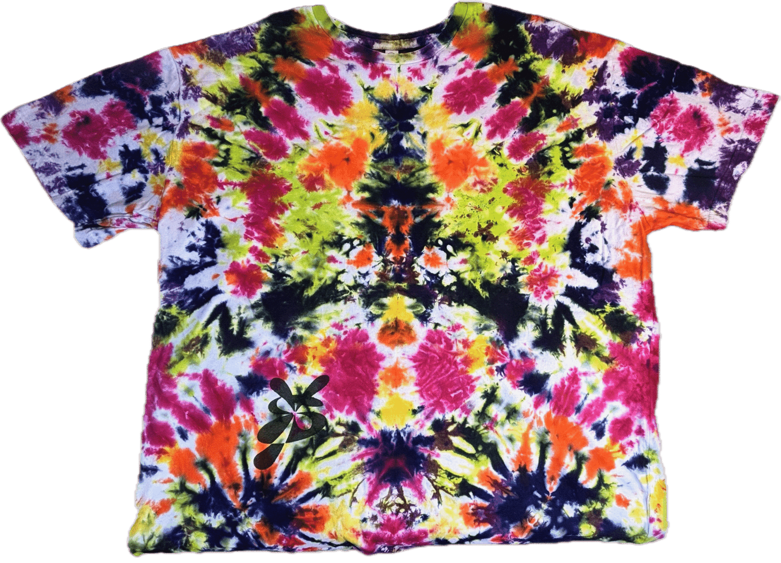 Super Flow Dyes Yo! Back view, All of my tie dye t-shirts combine kind design with vibrant and saturated colors. De'Shaun is hyper-chill with orange, yellow, green, blue, fuchsia, purple crumple-mirror pattern.