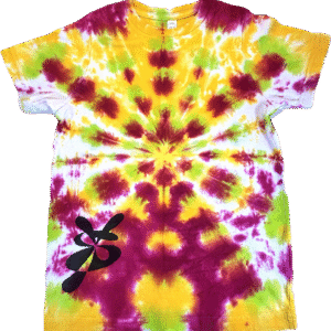 Super Flow Dyes Yo! All of my tie dye t-shirts combine kind design with vibrant and saturated colors. Azibo is bubbly with yellow, red, bright green starburst pattern.