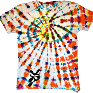 Super Flow Dyes Yo! All of my tie dye t-shirts combine kind design with vibrant and saturated colors. Udayan is party all the time! with rainbow, yellow, orange, red, purple, blue, green spiral rainbow pattern.