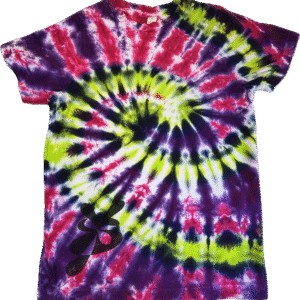 Super Flow Dyes Yo! All of my tie dye t-shirts combine kind design with vibrant and saturated colors. Qing is inquisitive with green, blue, fuchsia, purple s-curve pattern.