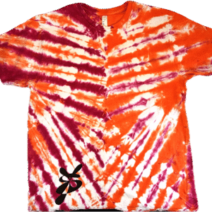 Super Flow Dyes Yo! All of my tie dye t-shirts combine kind design with vibrant and saturated colors. Nikhil is adventurous with orange, fuchsia v-stripes pattern.