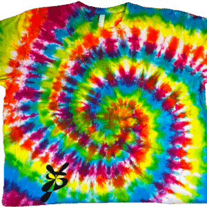 Super Flow Dyes Yo! Front view, All of my tie dye t-shirts combine kind design with vibrant and saturated colors. Trick Hanker is groovy with yellow, orange, red, fuchsia, blue, rainbow spiral rainbow pattern.