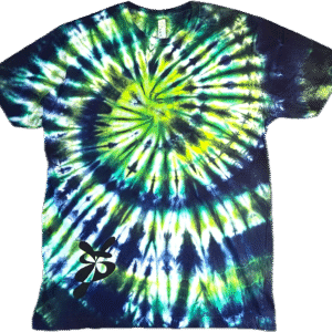 Super Flow Dyes Yo! Front view, All of my tie dye t-shirts combine kind design with vibrant and saturated colors. Subhash is eloquent with blue, green, yellow spiral pattern.