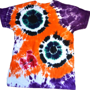 Super Flow Dyes Yo! Back view, All of my tie dye t-shirts combine kind design with vibrant and saturated colors. Crazy Eyes is awake with orange, green, red, purple face with eyes and mouth pattern.