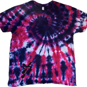 Super Flow Dyes Yo! Front view, All of my tie dye t-shirts combine kind design with vibrant and saturated colors. Prabhu is brooding with purple, blue, fuchsia spiral pattern.