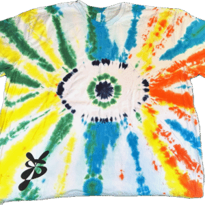 Super Flow Dyes Yo! Front view, All of my tie dye t-shirts combine kind design with vibrant and saturated colors. Eisley is all-seeing with blue, yellow, green, orange, white, black all-seeing eye pattern.