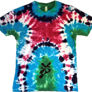 Super Flow Dyes Yo! Front view, All of my tie dye t-shirts combine kind design with vibrant and saturated colors. Umika is grounded with green, blue, fuchsia belly bound pattern.