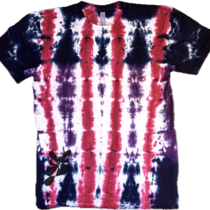 Super Flow Dyes Yo! Front view, All of my tie dye t-shirts combine kind design with vibrant and saturated colors. Baldasarre is stalworth with blue, fuchsia, purple vertical stripes pattern.