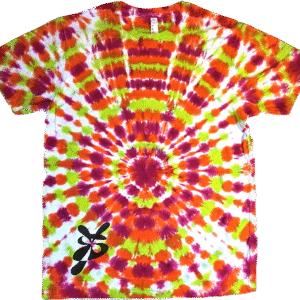 Super Flow Dyes Yo! Front view, All of my tie dye t-shirts combine kind design with vibrant and saturated colors. Poni is gregarious with orange, fuchsia, green starburst pattern.