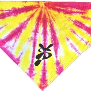 Super Flow Dyes Yo! Front triangle logo view, All of my tie dye bandanas combine combine kind designs with vibrant saturated colors. Tatianna is expansive with yellow, fuchsia radiating stripes pattern.