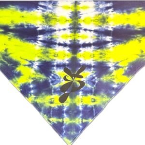 Super Flow Dyes Yo! Front Triangle logo view, All of my tie dye bandanas combine combine kind designs with vibrant saturated colors. Mariko is distracted with blue, green, yellow diagonal stripes pattern.