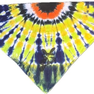 Super Flow Dyes Yo! Front triangle logo view, All of my tie dye bandanas combine combine kind designs with vibrant saturated colors. Eirene is open minded with black, blue, orange, green, yellow all-seeing eye pattern.