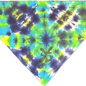 Super Flow Dyes Yo! Front triangle logo view, All of my tie dye bandanas combine combine kind designs with vibrant saturated colors. Ambe is provocative with blue, green, yellow kaleidoscope pattern.