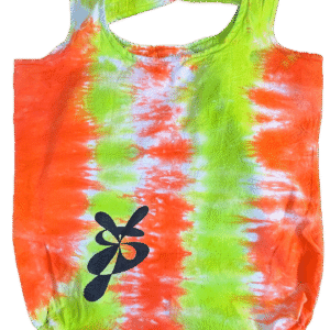 Super Flow Dyes Yo! Front logo view, All of my tie dye tote bags combine kind designs with vibrant saturated colors. Anandi is whimsical with orange, green (light & bright) banded stripes pattern.
