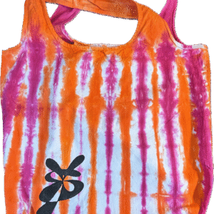 Super Flow Dyes Yo! Front logo view, All of my tie dye tote bags combine kind designs with vibrant saturated colors. Nanda is deeply sensitive with orange, fuchsia vertical stripes pattern.
