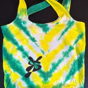 Super Flow Dyes Yo! Front logo view, All of my tie dye tote bags combine kind designs with vibrant saturated colors. Wanda is fickle & fun with yellow, green v-stripes pattern.