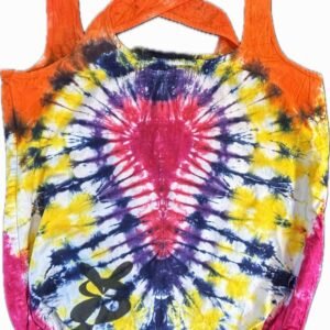 Super Flow Dyes Yo! Front logo view, All of my tie dye tote bags combine kind designs with vibrant saturated colors. Carmela is comforting with fuchsia, purple, blue, yellow, orange heart pattern.