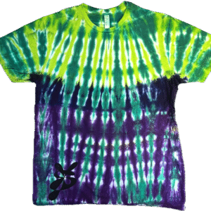 Super Flow Dyes Yo! Font view, All of my tie dye t-shirts combine kind design with vibrant and saturated colors. Crazy Eyes is awake with orange, green, red, purple face with eyes and mouth pattern.