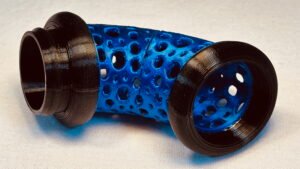 Build Super Flow Tubes into a groovy LED marble run sculpture you can display, play and dance with! Blue curve Tube detail. Patent Pending # 19/203,500.