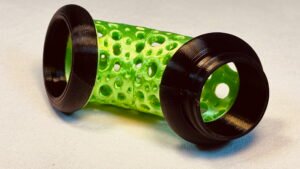 Build Super Flow Tubes into a groovy LED marble run sculpture you can display, play and dance with! Green curve Tube detail. Patent Pending # 19/203,500.