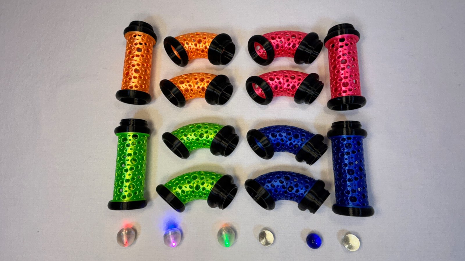 Build Super Flow Tubes into a groovy LED marble run sculpture you can display, play and dance with! Patent Pending # 19/203,500.