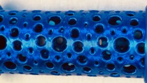 Super Flow Tubes! Straight blue Tube detail, a groovy marble run sculpture you can display, play and dance with! Patent Pending # 19/203,500.