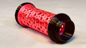 Build Super Flow Tubes into a groovy LED marble run sculpture you can display, play and dance with! Red Tube detail. Patent Pending # 19/203,500.