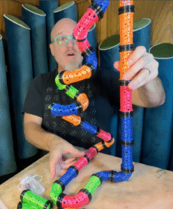 Build Super Flow Tubes into a groovy LED marble run sculpture you can display, play and dance with! Patent Pending # 19/203,500.