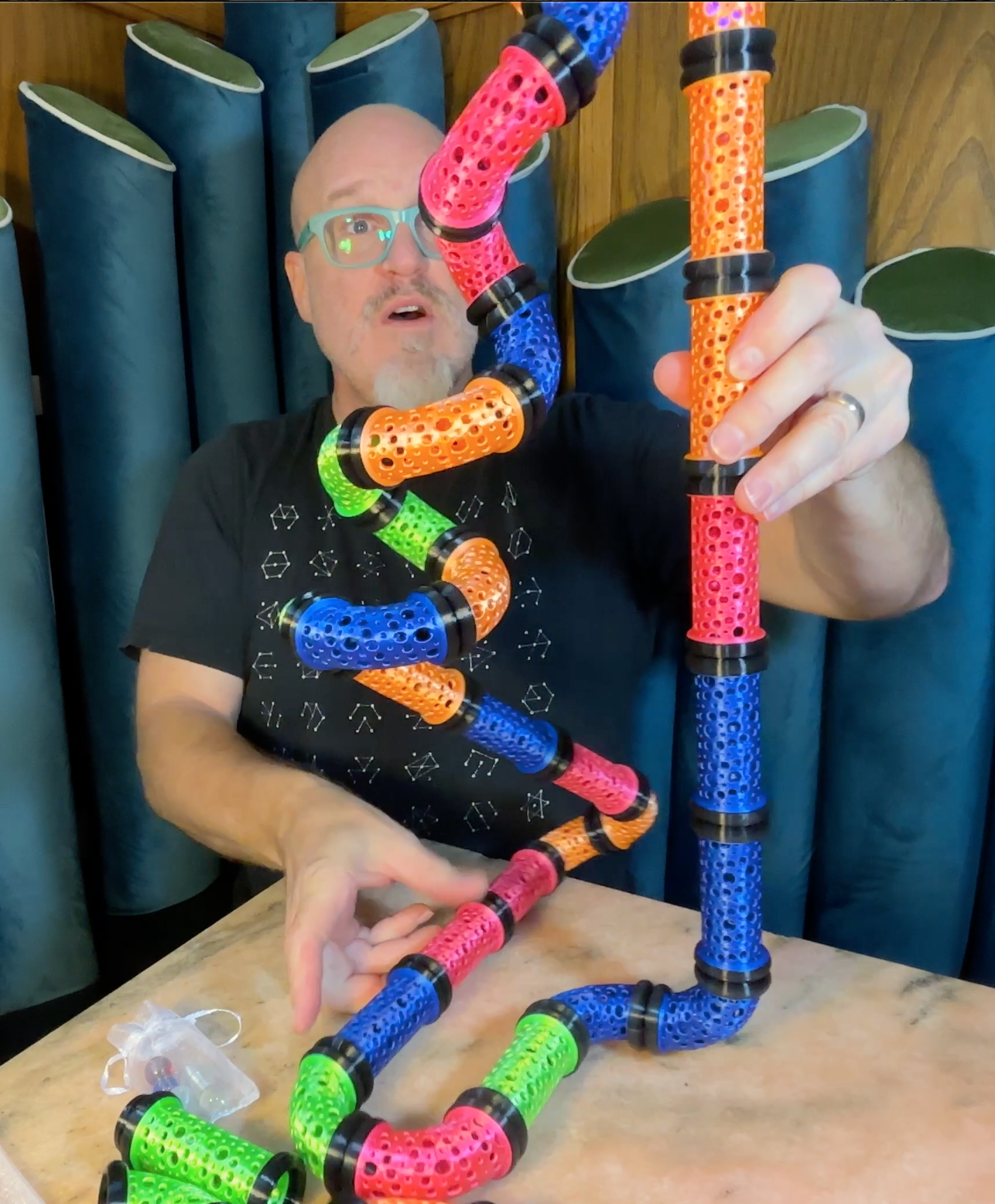 Build Super Flow Tubes into a groovy LED marble run sculpture you can display, play and dance with! Patent Pending # 19/203,500.